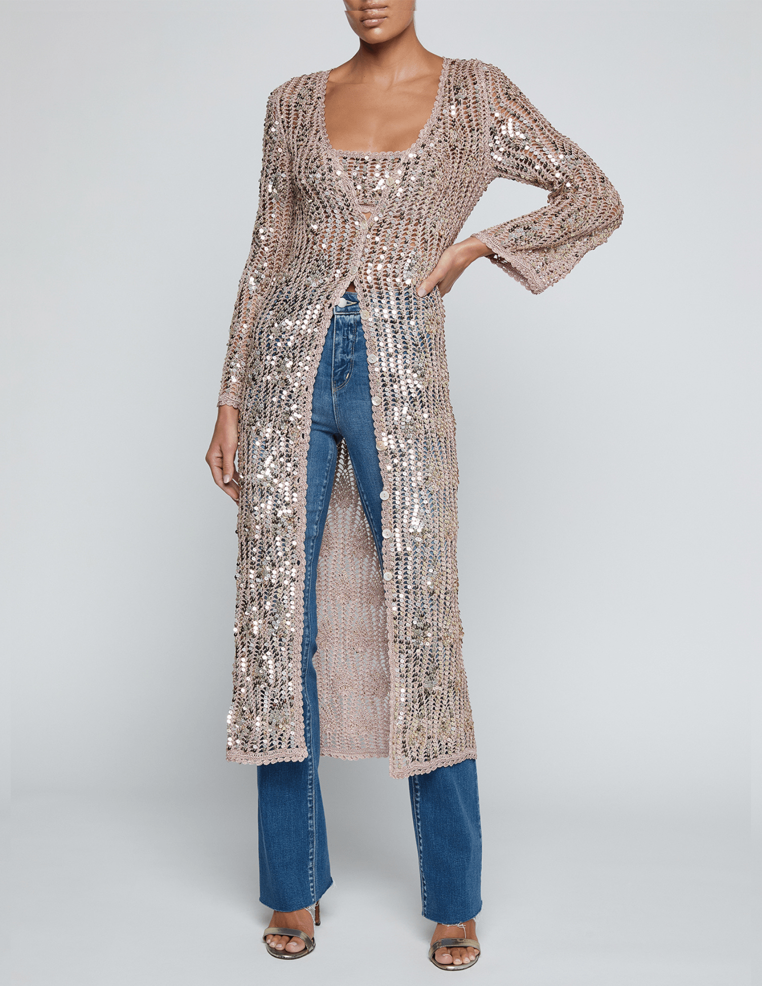 L’Agence Sanya crochet sequin cardigan dress misty rose front view