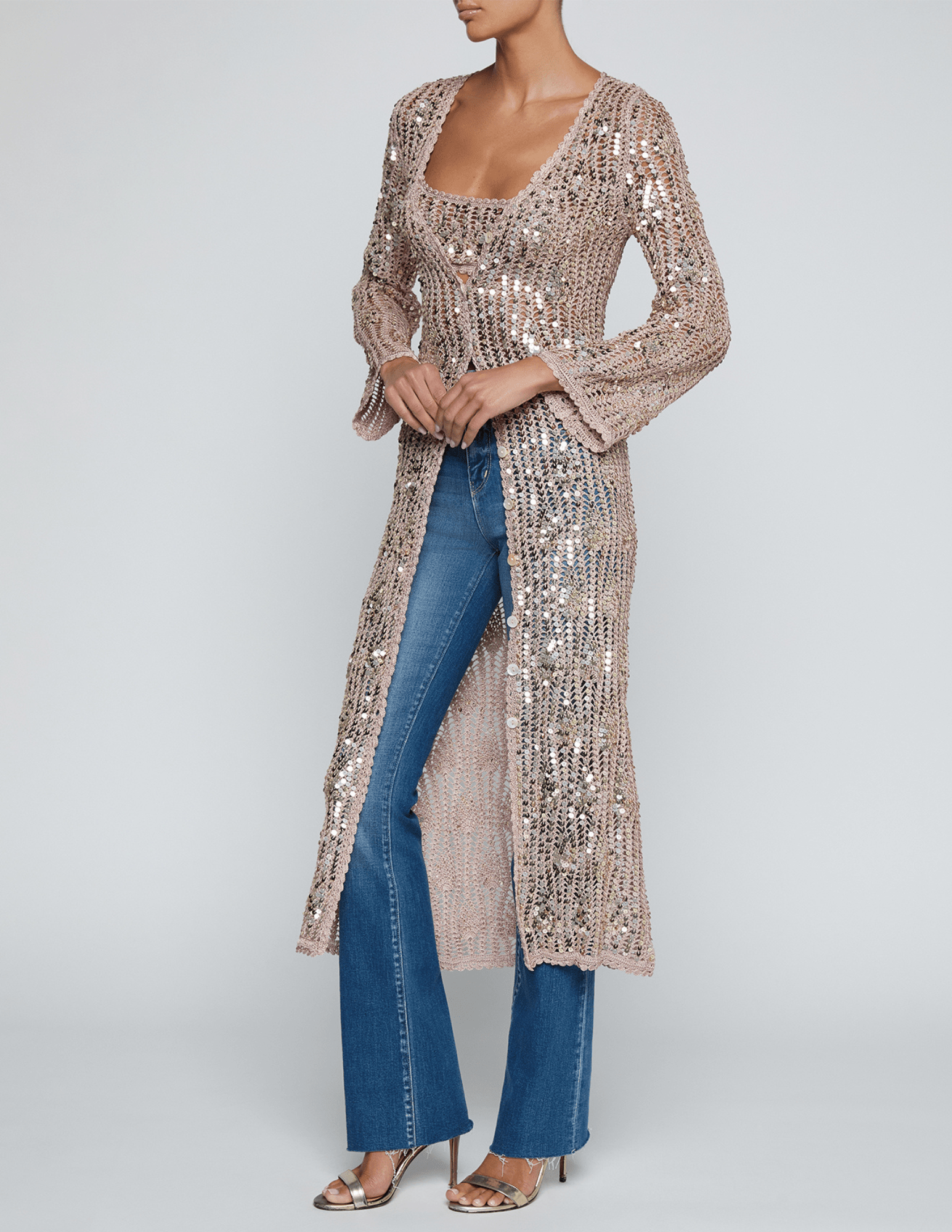 L’Agence Sanya crochet sequin cardigan dress misty rose side view