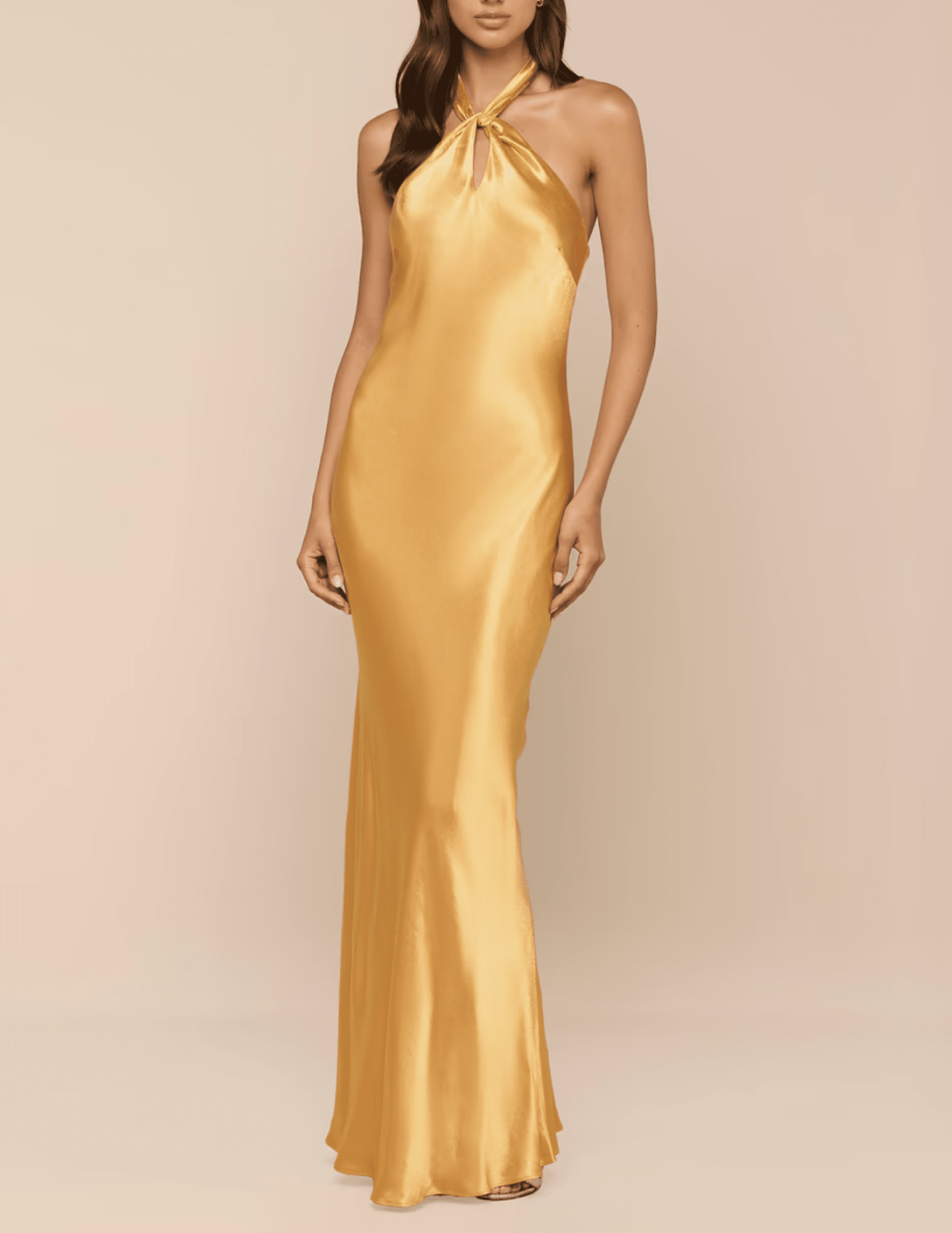 Front view of L’AGENCE Saphara Halter Gown in Dark Gold