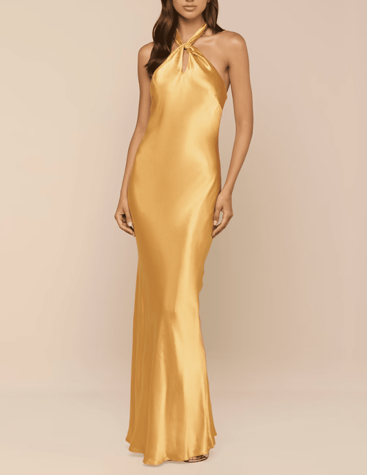 Front view of L’AGENCE Saphara Halter Gown in Dark Gold
