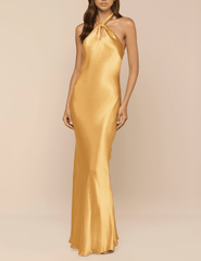 Front view of L’AGENCE Saphara Halter Gown in Dark Gold