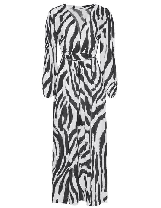 L'AGENCE Sara Maxi Cover-Up Dress in Black White Zebra featuring long sleeves, a plunging V-neck and flowing maxi silhouette.