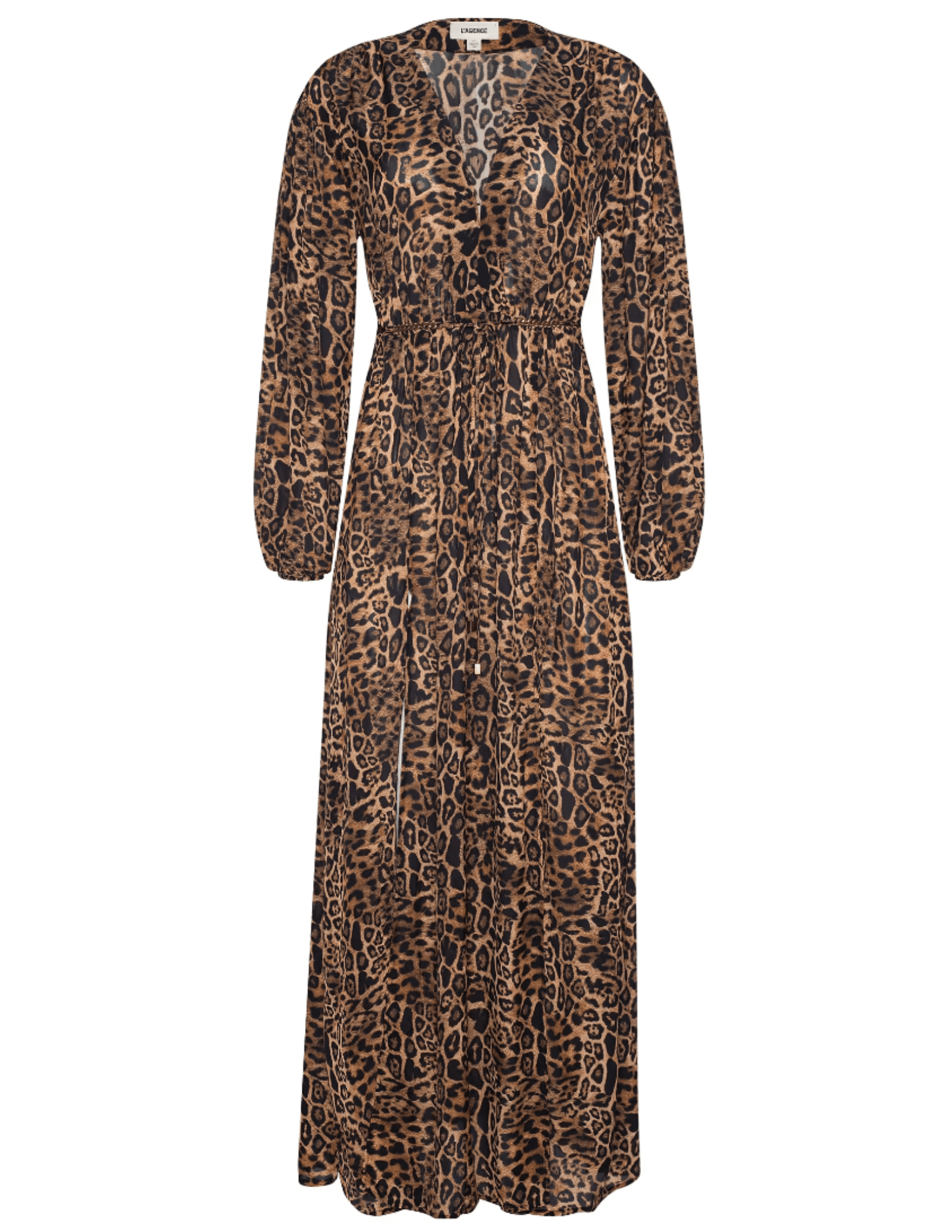 L’AGENCE Sara Maxi Cover-Up Dress in brown multi patch leopard print