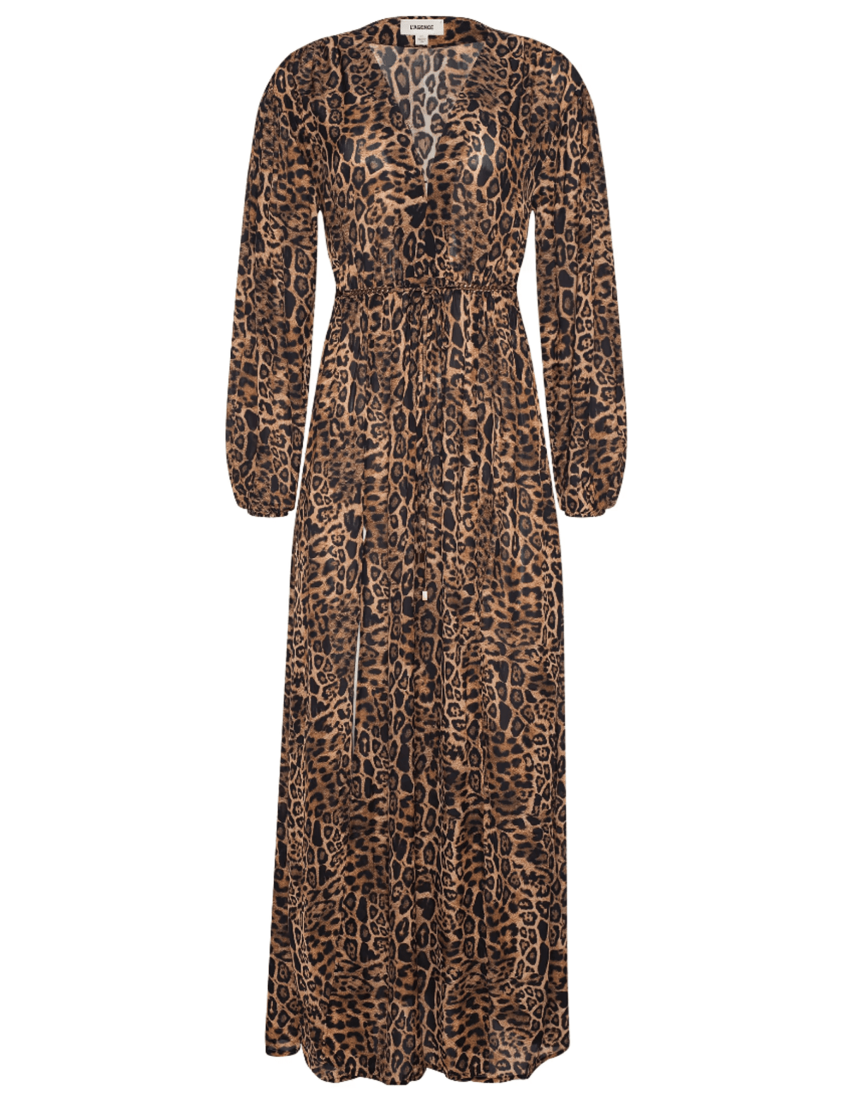 L’AGENCE Sara Maxi Cover-Up Dress in brown multi patch leopard print