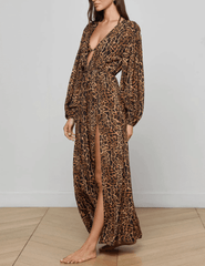 Model wearing L’AGENCE Sara Maxi Cover-Up Dress in brown leopard print SIDE