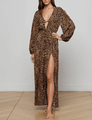 Model wearing L’AGENCE Sara Maxi Cover-Up Dress in brown leopard print