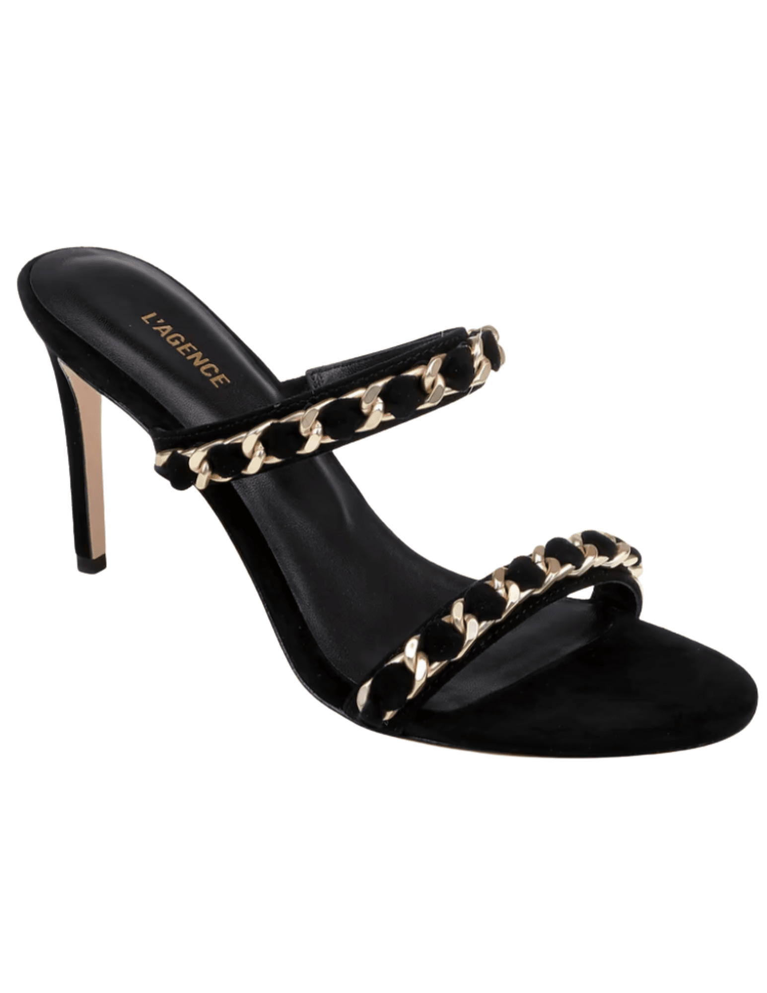 L'AGENCE Sarika Chain Heel Sandal in Black Suede side
