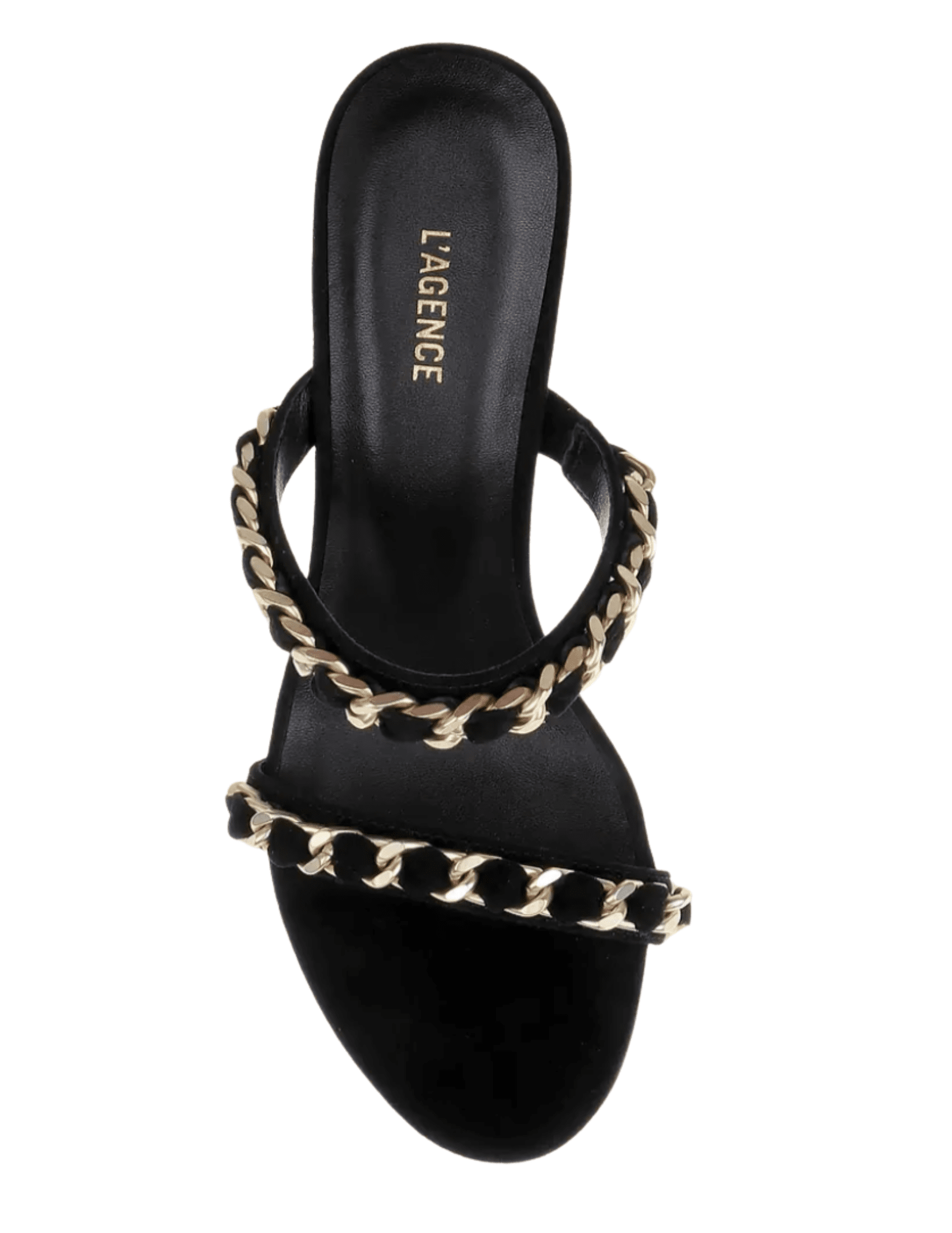 L'AGENCE Sarika Chain Heel Sandal in Black Suede top