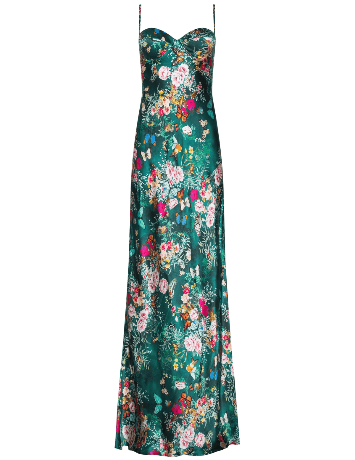L’AGENCE Sayla Silk Maxi Dress in bottle green Charonda butterfly prin