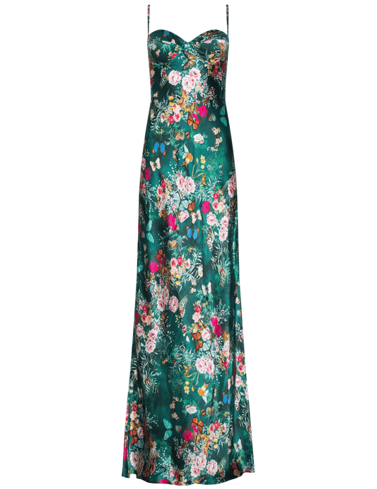 L’AGENCE Sayla Silk Maxi Dress in bottle green Charonda butterfly prin