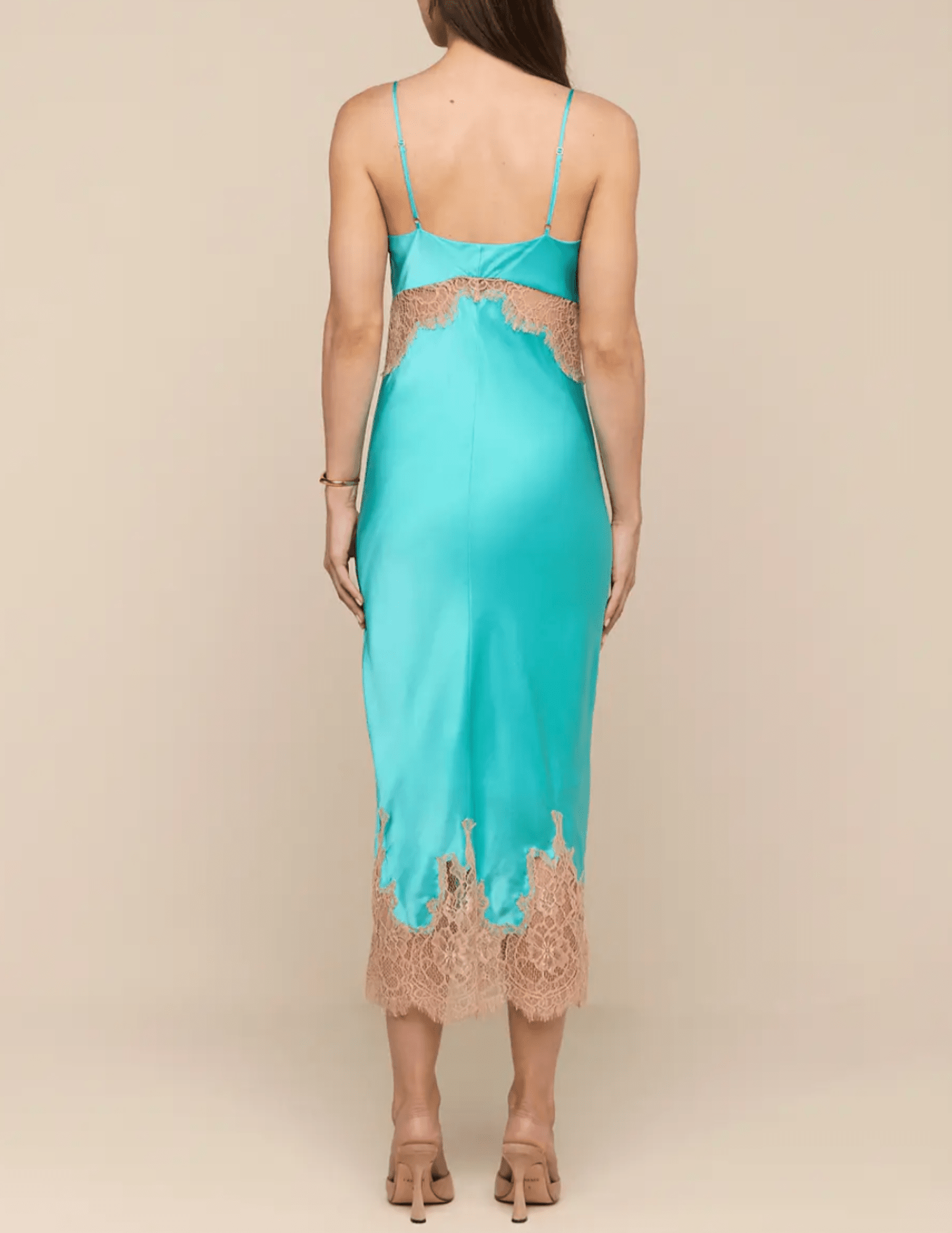 L'AGENCE Scotly silk slip dress in cyan with cappuccino lace trim back