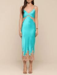 Front view of L'AGENCE Scotly silk slip dress in cyan with cappuccino lace trim
