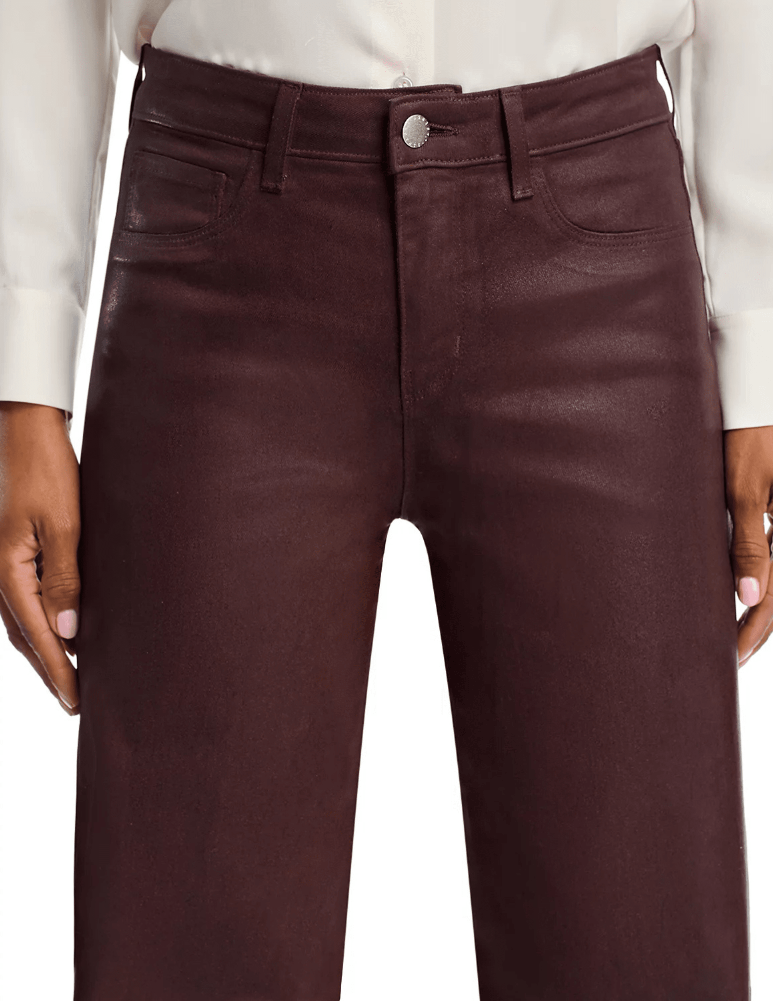Detail view of L’AGENCE Scottie coated chocolate wide leg jeans