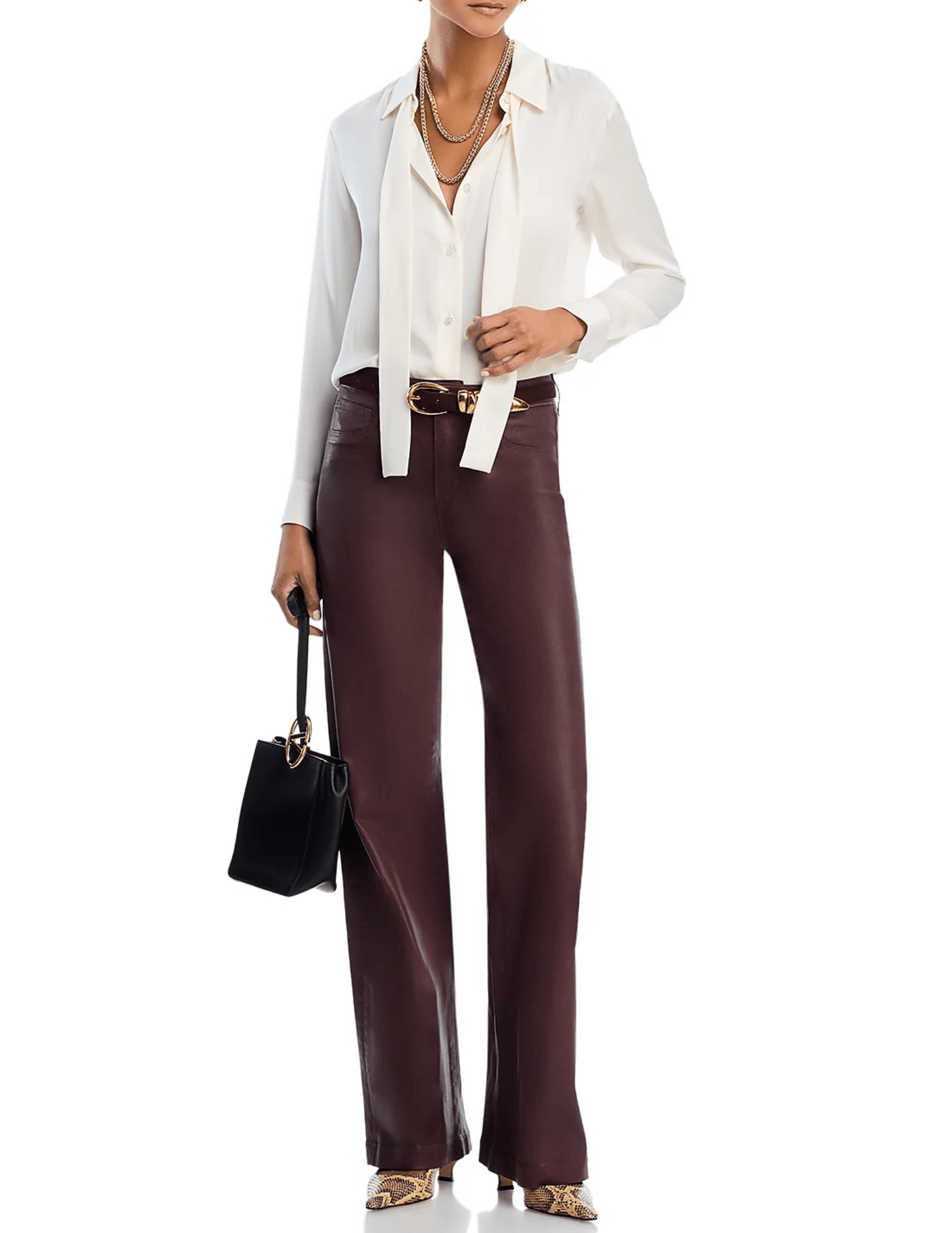 Model view of L’AGENCE Scottie coated chocolate wide leg jeans
