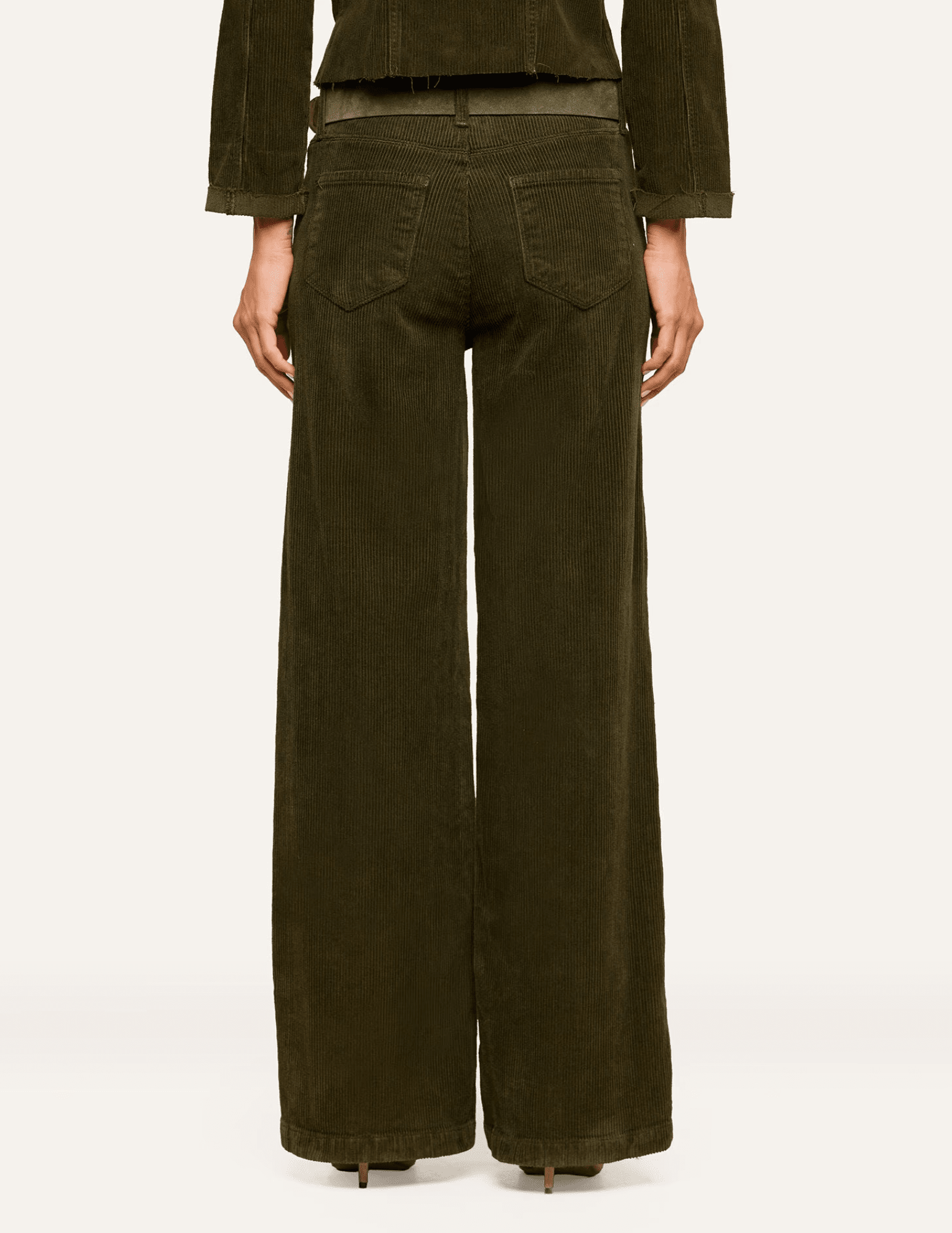 Back view of L'AGENCE Scottie High Rise Corduroy Jeans in Army featuring classic back pockets and wide legs.