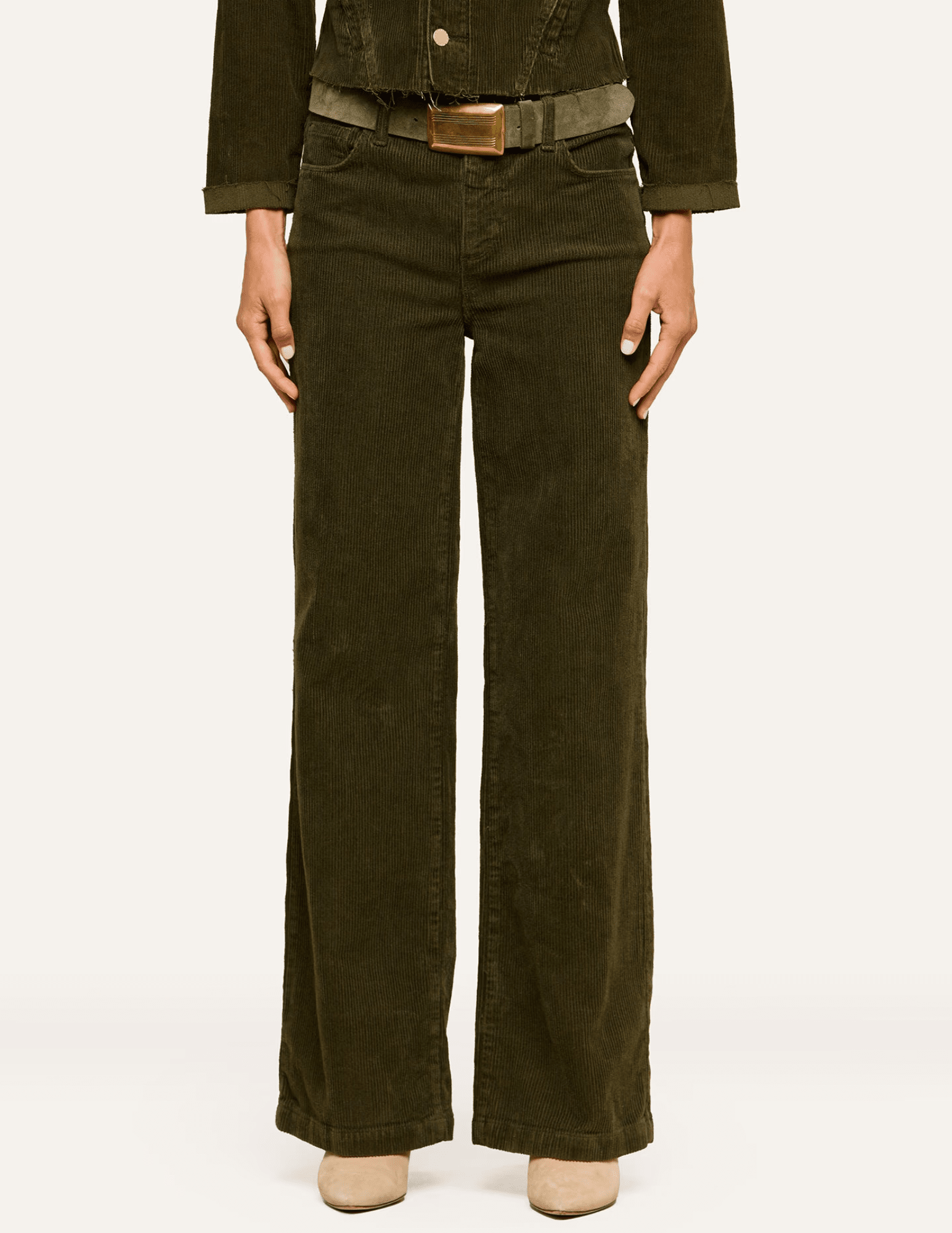 Front view of L'AGENCE Scottie Corduroy Wide Leg Jeans in Army featuring a high-rise waist and relaxed wide-leg fit.