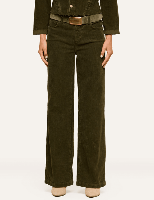 Front view of L'AGENCE Scottie Corduroy Wide Leg Jeans in Army featuring a high-rise waist and relaxed wide-leg fit.