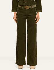 Front view of L'AGENCE Scottie Corduroy Wide Leg Jeans in Army featuring a high-rise waist and relaxed wide-leg fit.