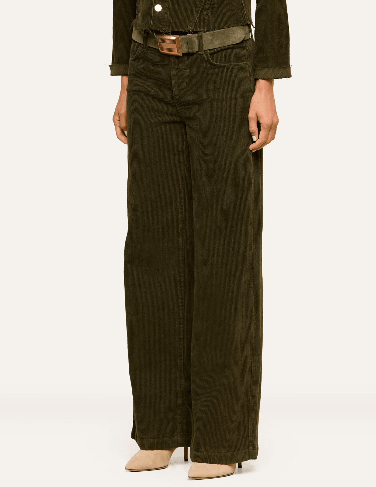Side view of L'AGENCE Scottie High Rise Corduroy Jeans in Army featuring classic back pockets and wide legs.