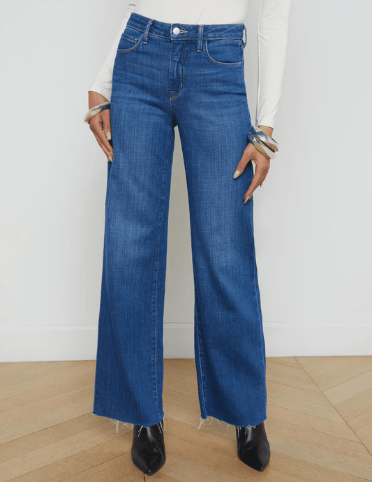 L'AGENCE Scottie high rise wide leg jeans in Apollo wash, women’s denim with a high waist and relaxed wide leg silhouette in a classic blue tone front model view
