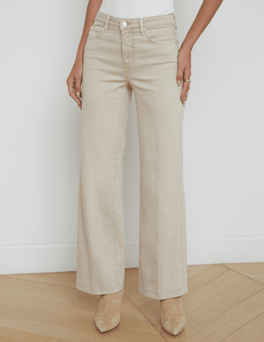L'AGENCE Scottie high rise wide leg jeans in Biscuit wash, women’s light neutral-toned denim with a flattering high waist and relaxed wide leg fit front model view