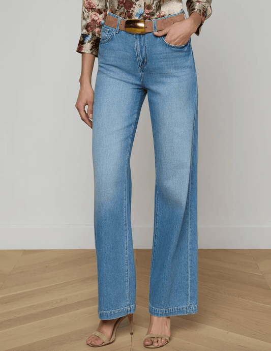 Full view of L'AGENCE Scottie high rise wide leg jeans in Anaheim vintage wash denim