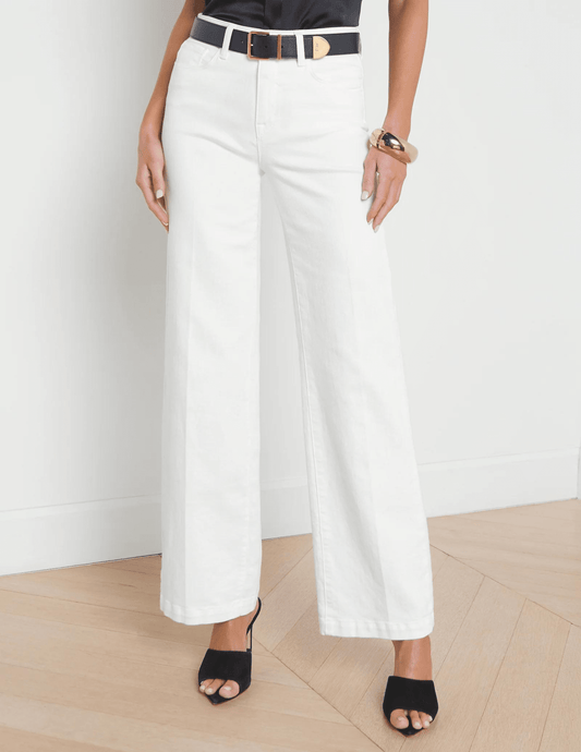 L'AGENCE Scottie high rise wide leg jeans in blanc, women’s light white denim with a flattering high waist and relaxed wide leg fit-front model view