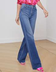 Side view of wide-leg denim with contoured waistband by L’AGENCE