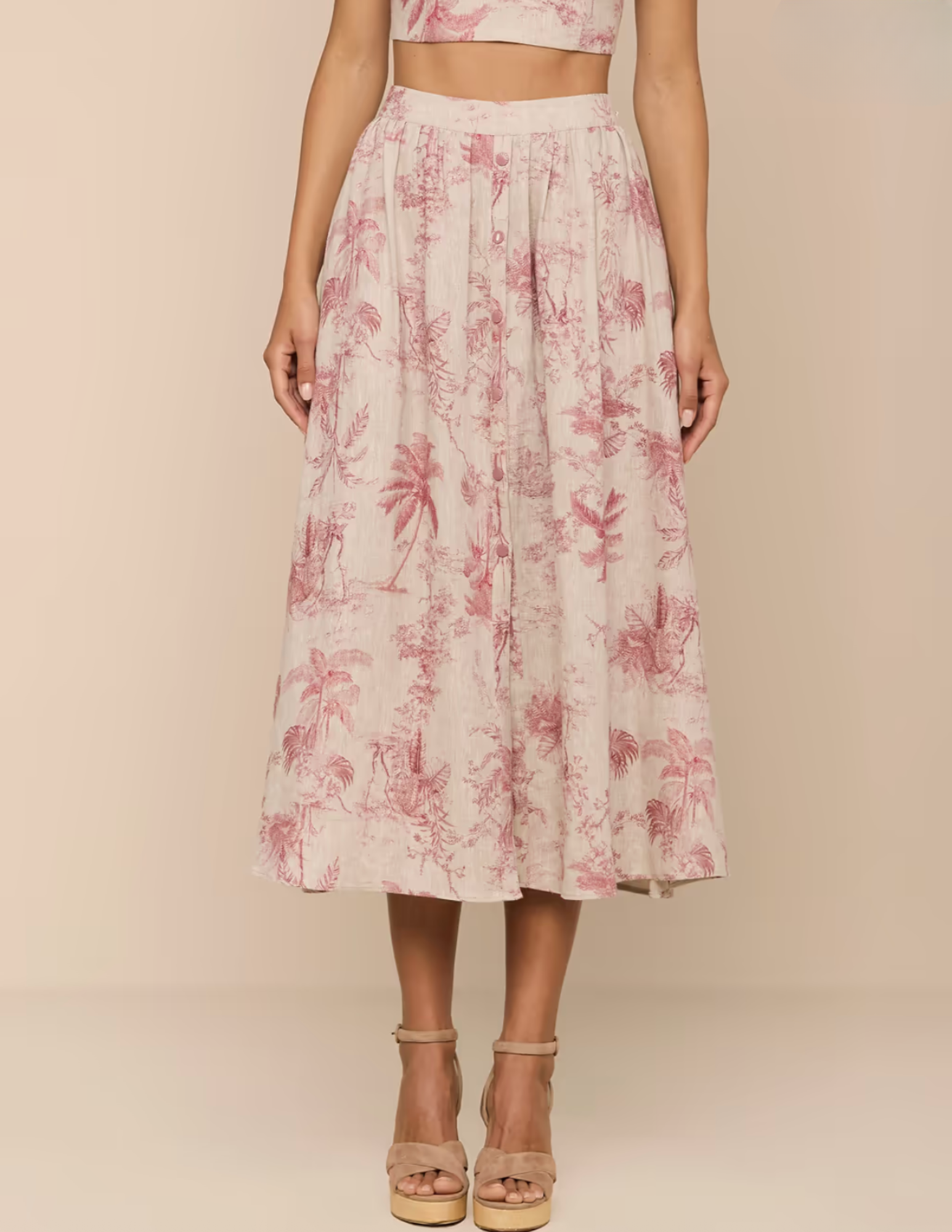 L'AGENCE Seina Linen Midi Skirt in Tan Multi Textured Jungle Toile front