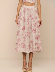 L'AGENCE Seina Linen Midi Skirt in Tan Multi Textured Jungle Toile front