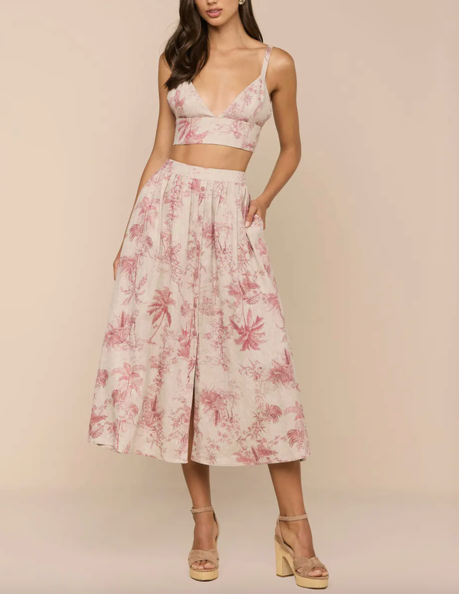 L'AGENCE Seina Linen Midi Skirt in Tan Multi Textured Jungle Toile full body