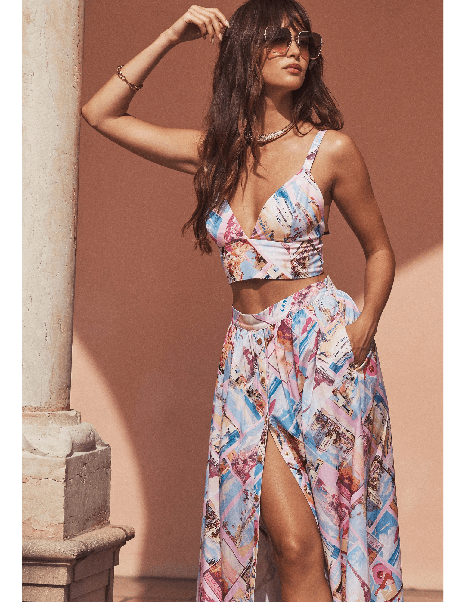 L'Agence Seina midi skirt in pink postcard print styled with matching top