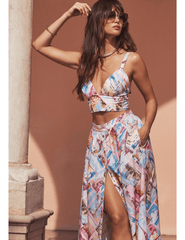 L'Agence Seina midi skirt in pink postcard print styled with matching top