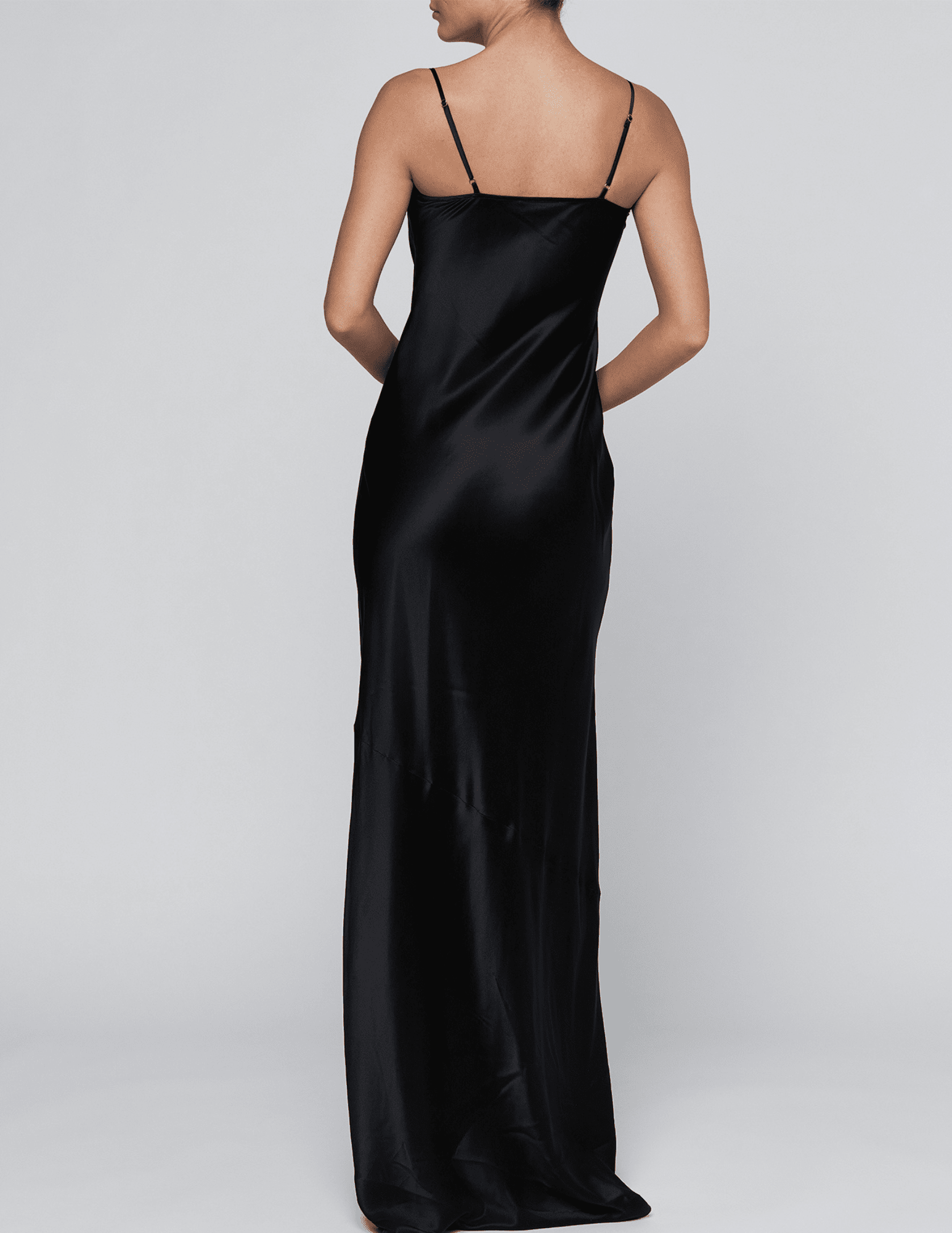 Back view of L'AGENCE Selene Lace Cowl Gown in Black