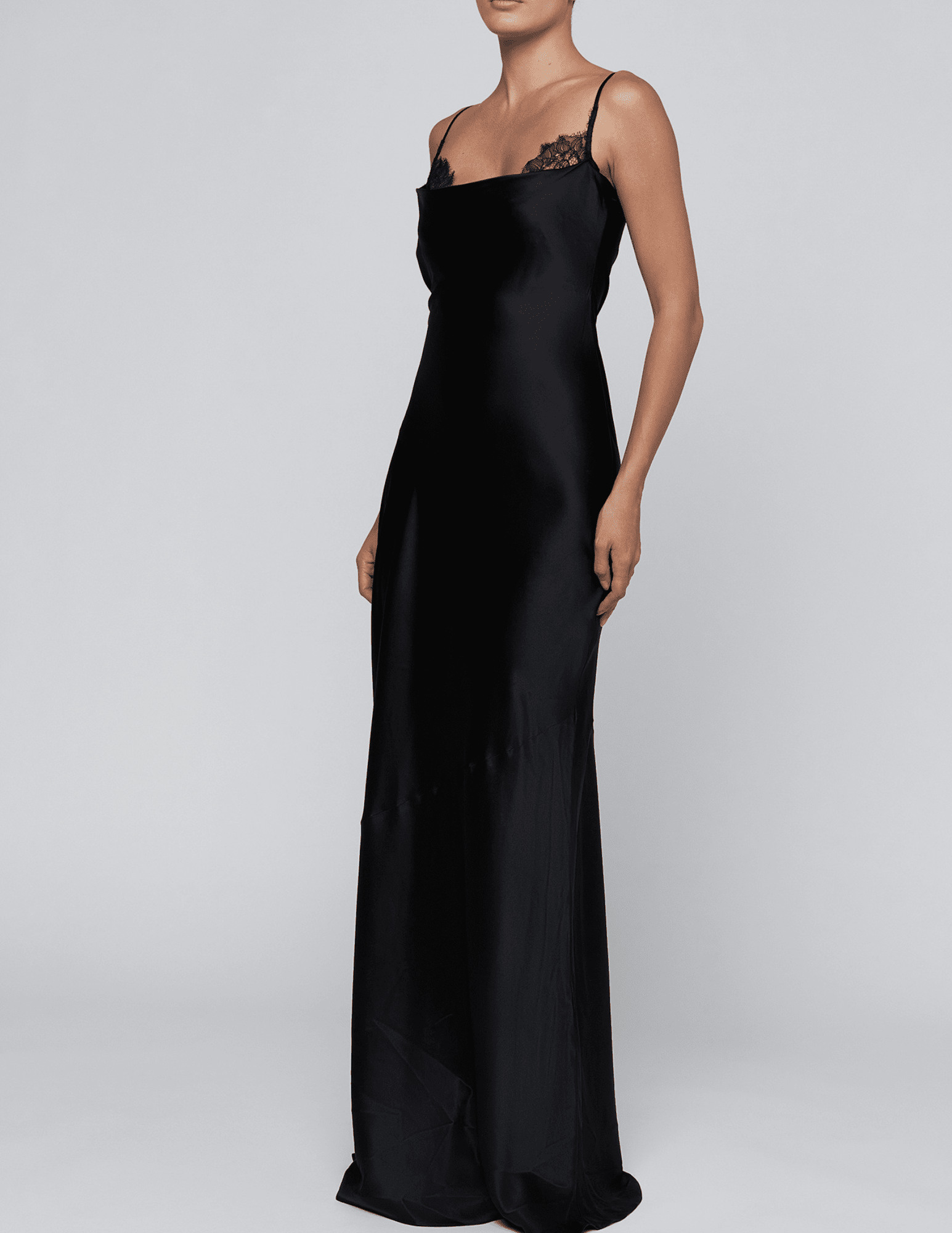 Side view of L'AGENCE Selene Lace Cowl Gown in Black