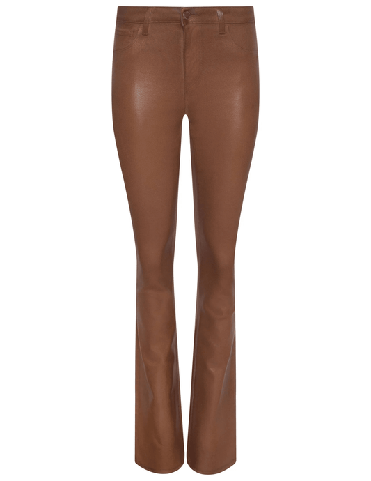 L'AGENCE Selma High Rise Baby Boot-Cut Coated Jean in Cognac – slim fit stretch denim with bootcut hem