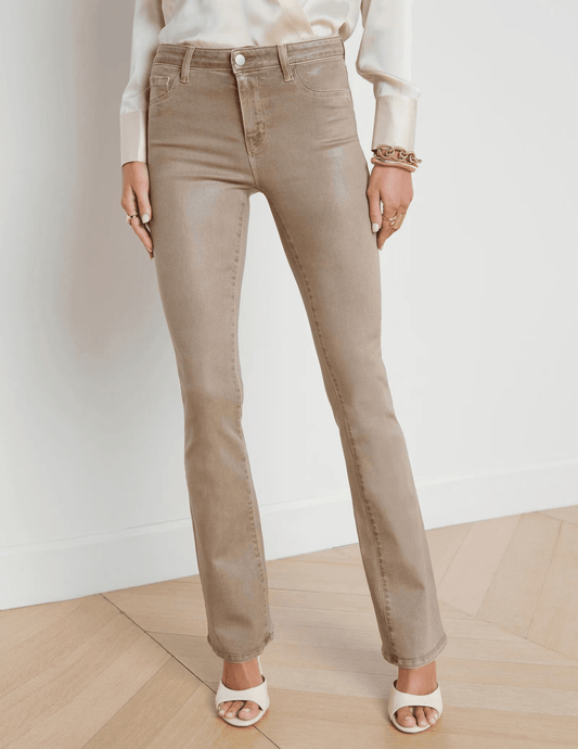 L'AGENCE Selma high rise baby boot-cut coated jeans in Rye Coated, tan women’s denim with a glossy finish and subtle flared leg front view