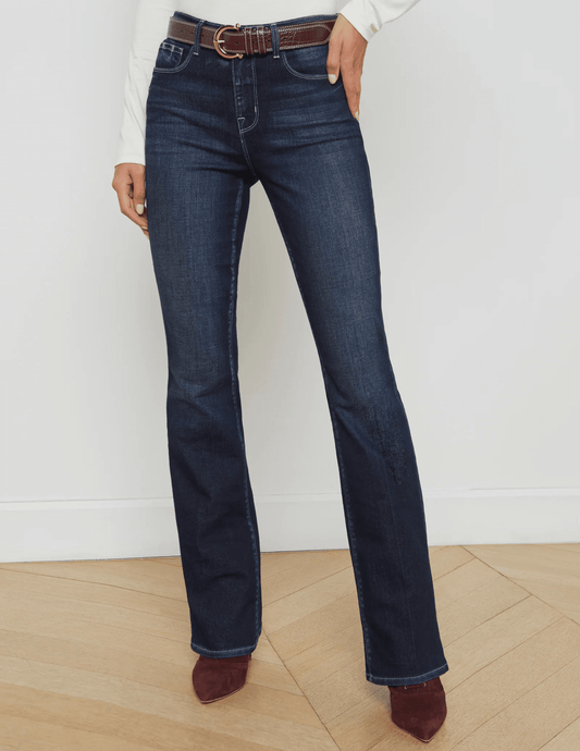 L'AGENCE Selma high rise baby boot-cut jeans in Crest dark wash, women’s denim with a flattering high waist and subtle boot-cut leg front model view