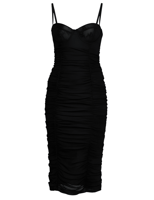 L’AGENCE Senna Lace Bustier Midi Dress in Black – front view