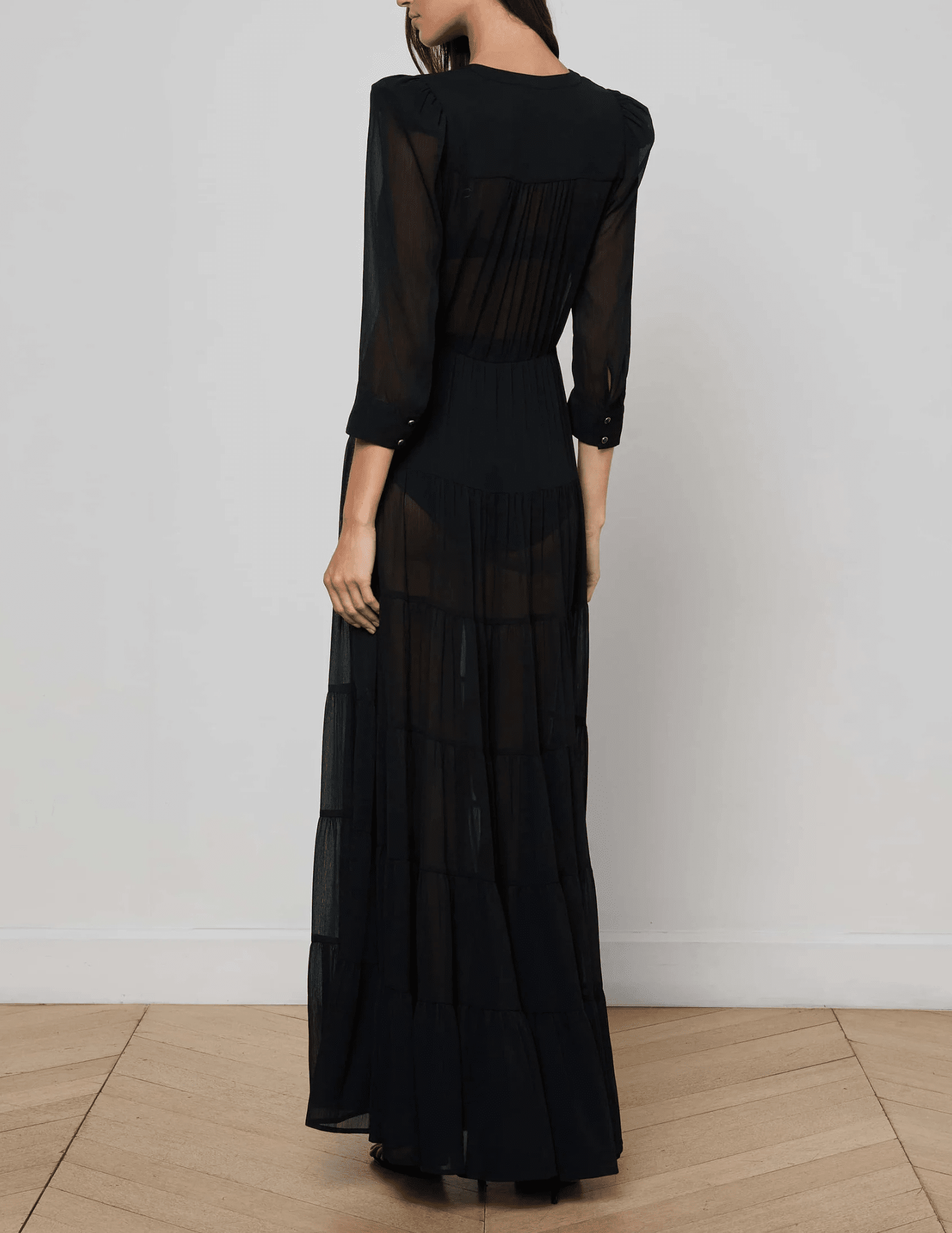 L’AGENCE Seraphina Tiered Maxi Dress in black, back view
