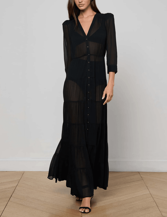 L’AGENCE Seraphina Tiered Maxi Dress in black, front view