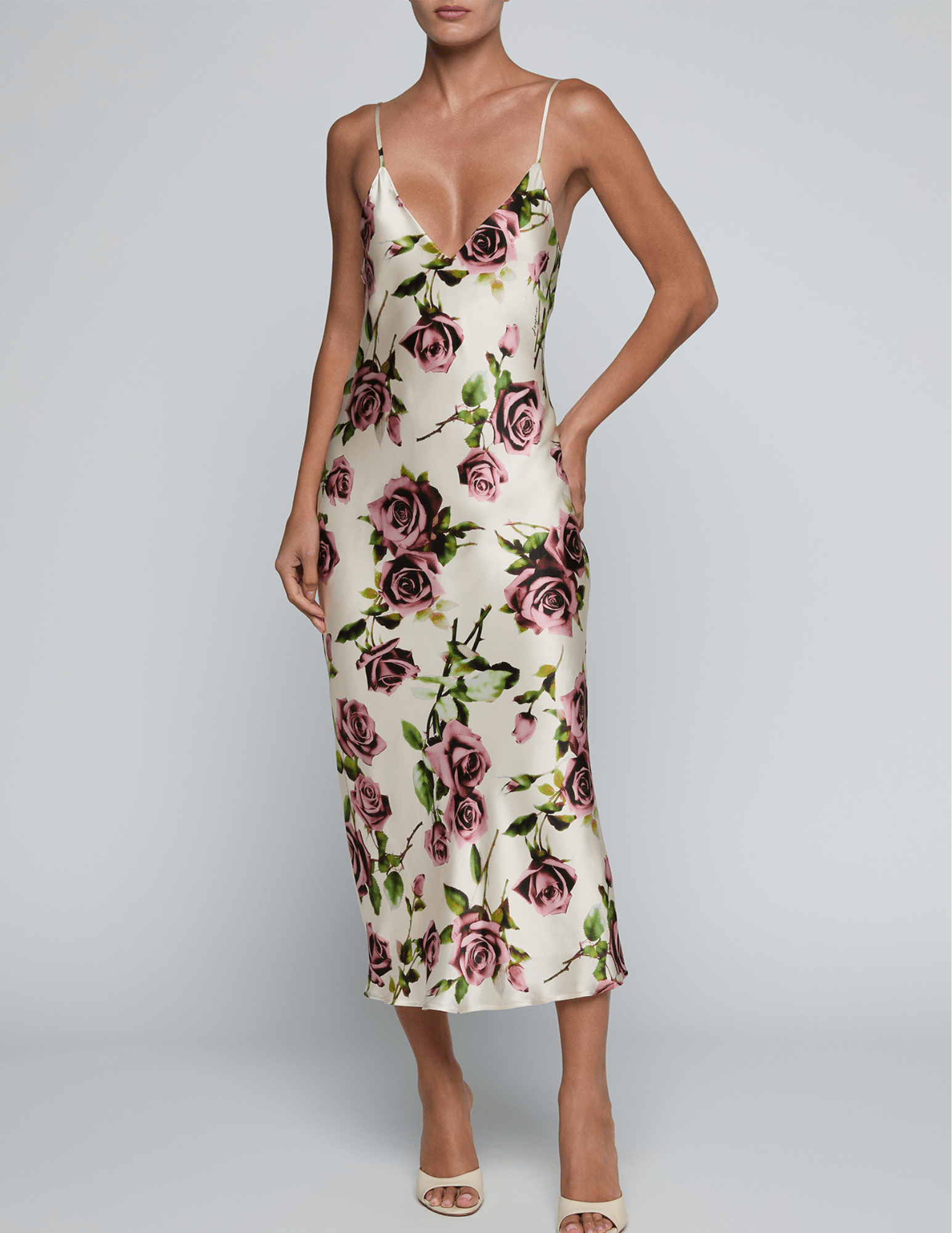 Font view of L'AGENCE Seridie silk midi slip dress in romantic rose print