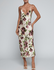 Font view of L'AGENCE Seridie silk midi slip dress in romantic rose print