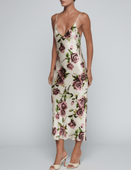 Side view of L'AGENCE Seridie silk midi slip dress in romantic rose print