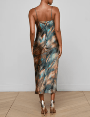 Back view of L’AGENCE Seridie Silk Slip Dress in Teal Multi Mix Feather Print