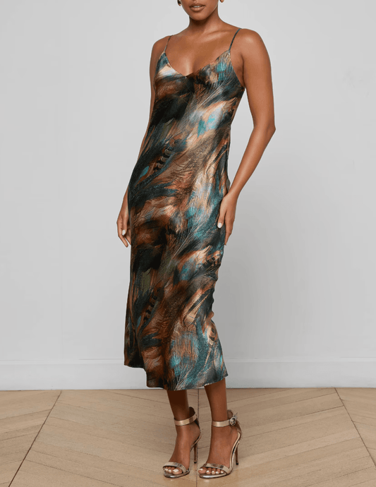 Front view of L’AGENCE Seridie Silk Slip Dress in Teal Multi Mix Feather Print