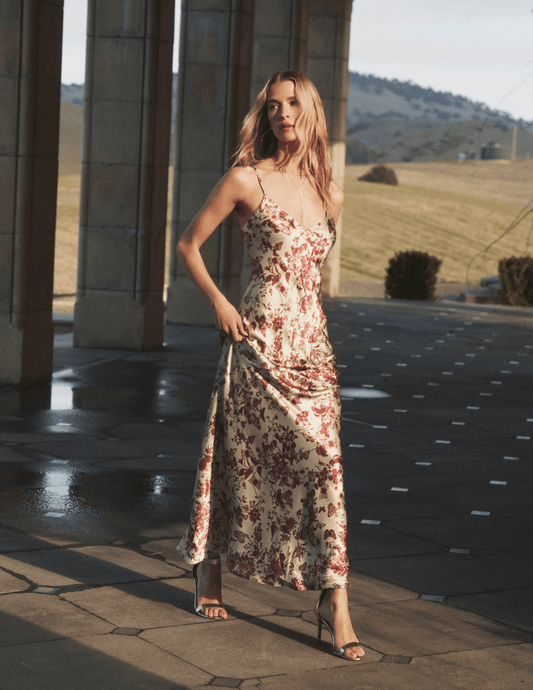 Editorial image of L’AGENCE Serita V-neck silk maxi dress in tan truffle butterfly print