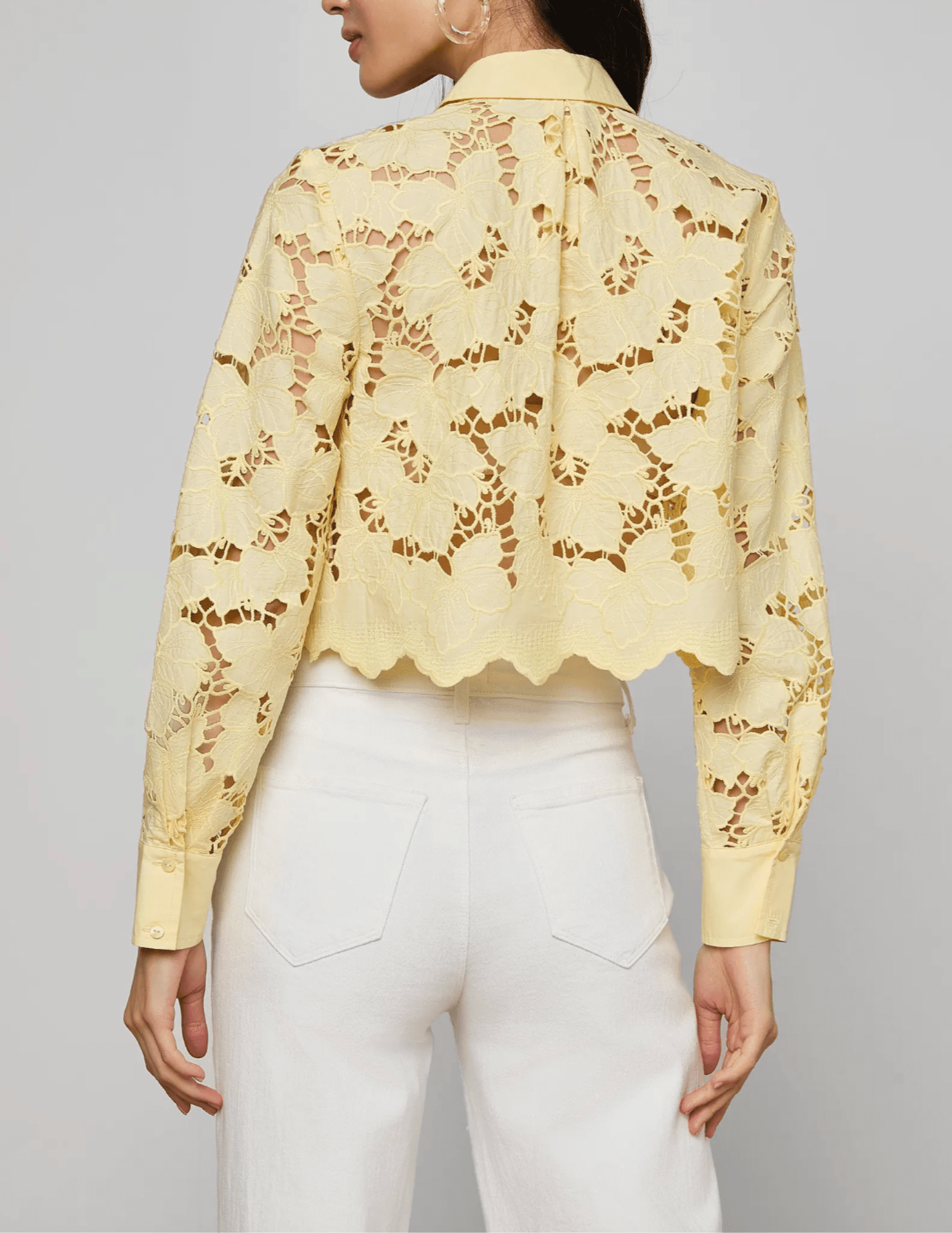 Back view of L'Agence Seychelle lace cropped blouse in lemon sorbet