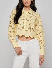 Front view of L'Agence Seychelle lace cropped blouse in lemon sorbet