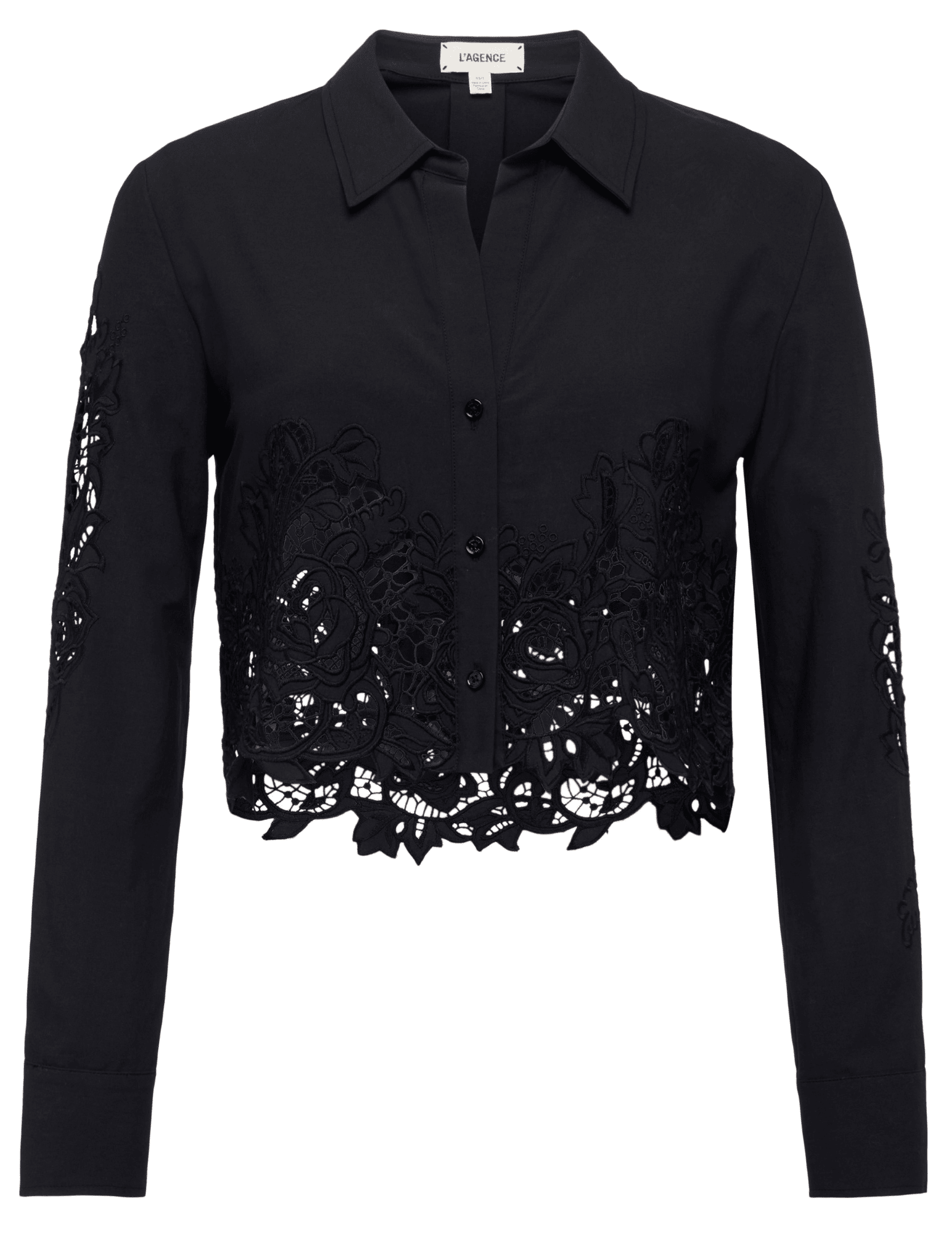 L’AGENCE Seychelles Lace Cropped Blouse in black with floral lace trim